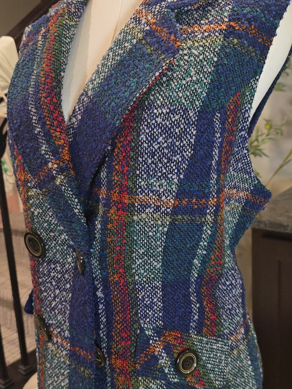 CAbi Blue Multi-Color Plaid Tweed Vest